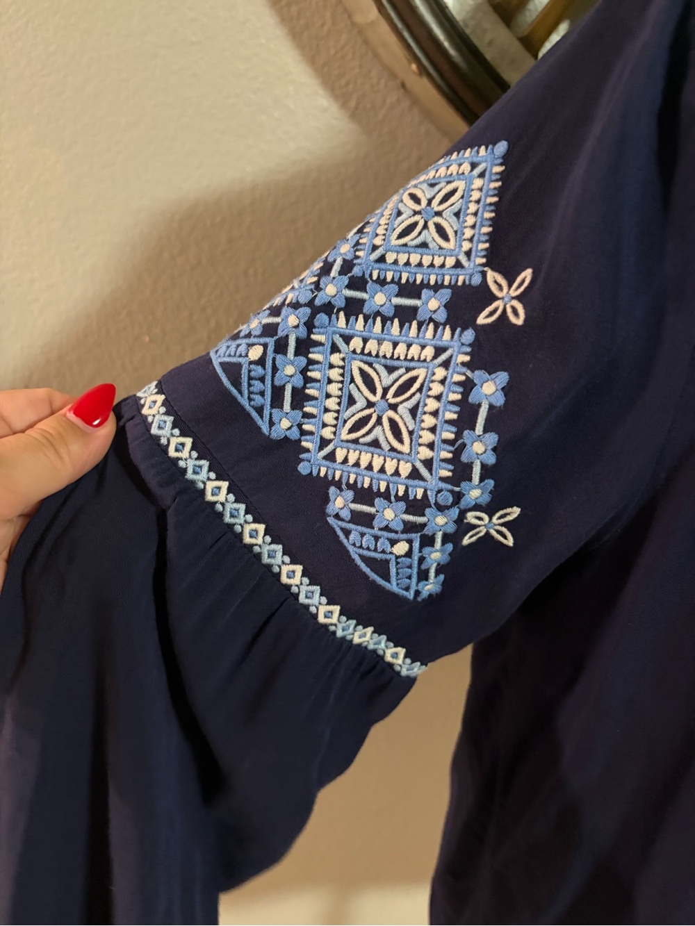 Southern Tide Embroidered Navy Peasant Blouse with Tassel Ties - Picture 7 of 9